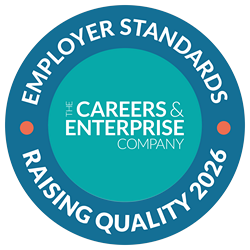 Logo for the Careers and Enterprise company, in a light blue circle. It is surrounded by darker blue circle, with the text 'Employer Standards' 'Raising Quality 2026'