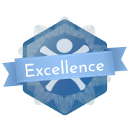 Image of Herts Healthy Workplace logo, inside a blue hexagon with a ribbon featuring the word 'Excellence'.