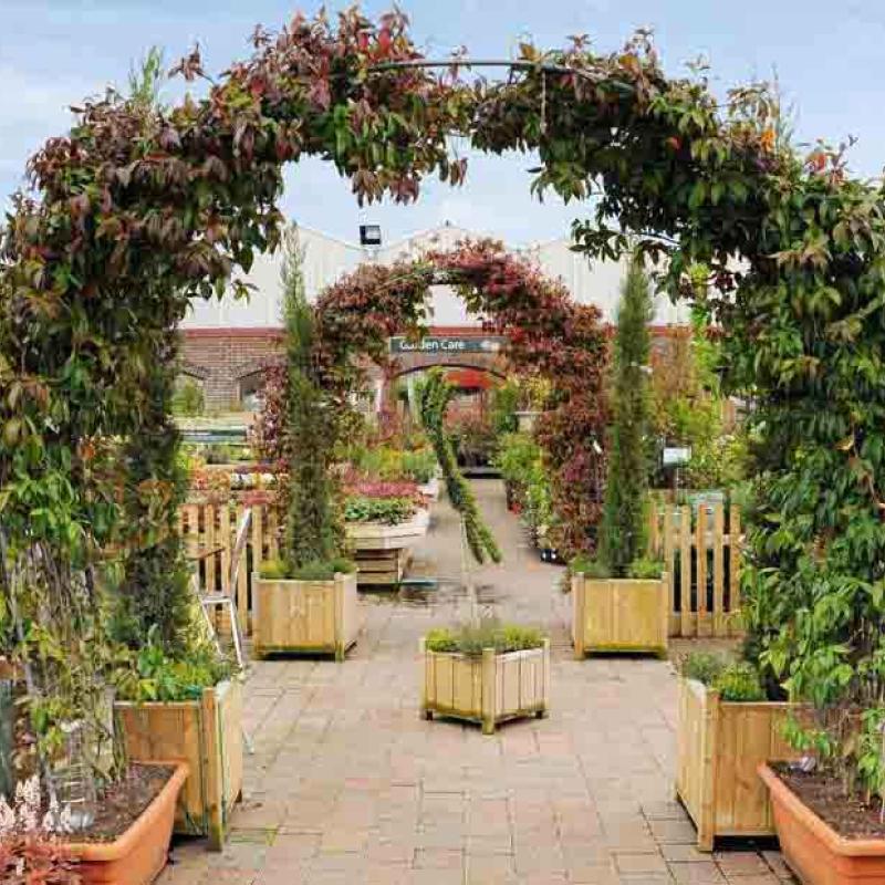 Image of Burston Garden Centres from with a large arrangement of flower arches at the entrance