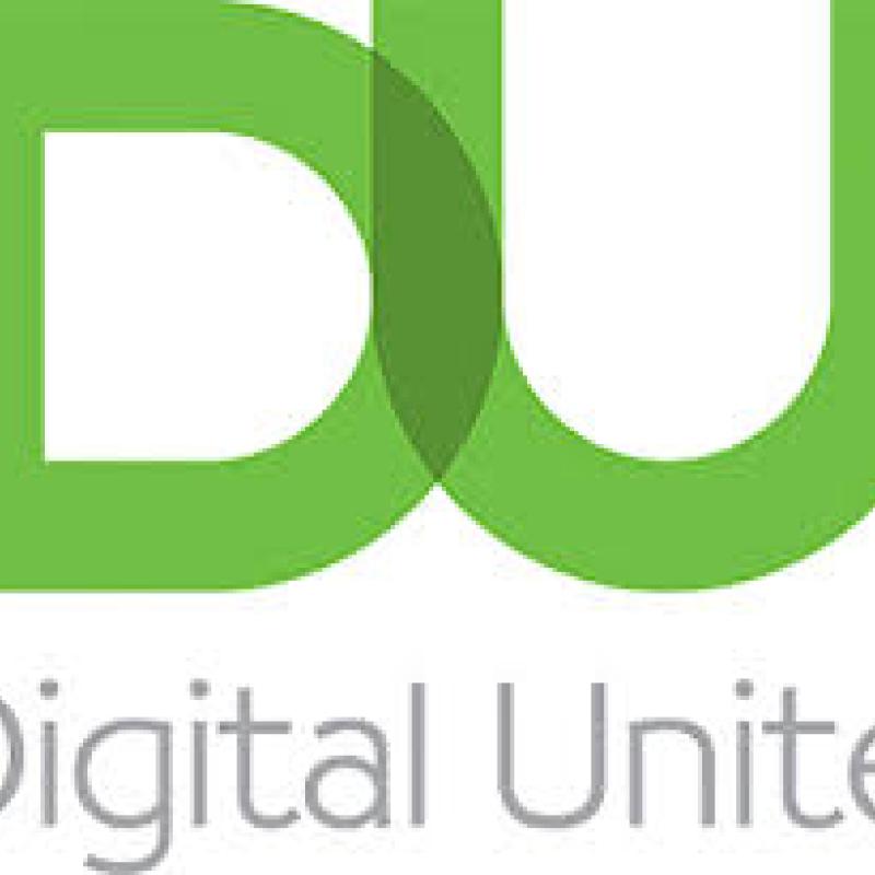 Digital Unite logo. Green D interlocking with green U with Digital Unite written in grey beneath them