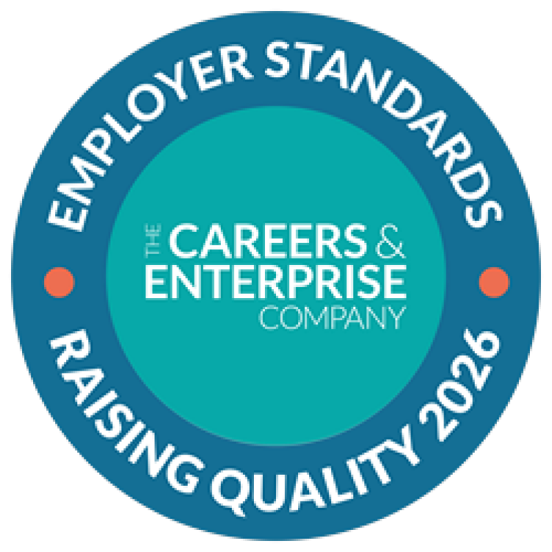 Logo for the Careers and Enterprise company, in a light blue circle. It is surrounded by darker blue circle, with the text 'Employer Standards' 'Raising Quality 2026'