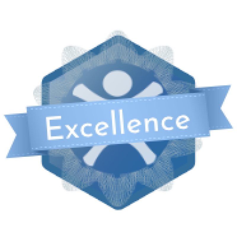 Image of Herts Healthy Workplace logo, inside a blue hexagon with a ribbon featuring the word 'Excellence'.